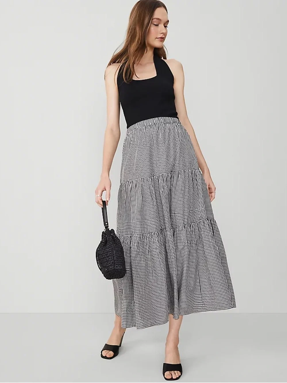 Ann Taylor Gingham Taffeta Tiered Skirt -Medium - Picture 1 of 5
